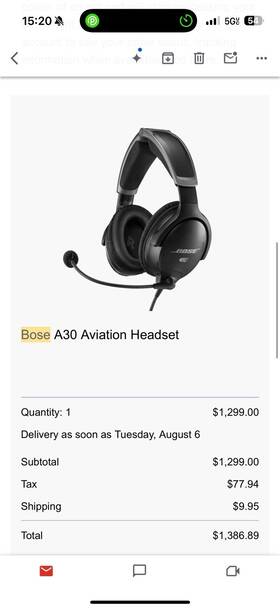 Bose 084048f41980254ae A30 Aviation Headset With Bluetooth Dual Plug